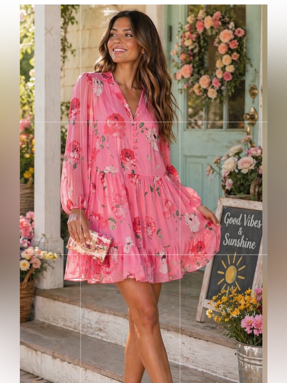 Maison Tara Pink Floral Tiered Ruffle Dress